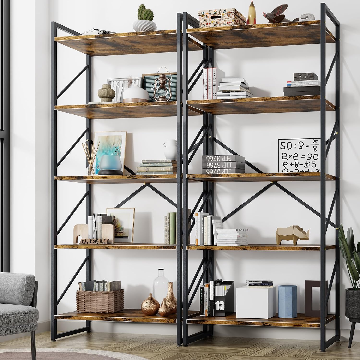 Shintenchi 5 Tiers Bookshelf, Classically Tall Bookcase Shelf, Industrial Book Rack, Modern Book Holder in Bedroom/Living Room/Home/Office, Storage Rack Shelves for Books/Movies-Rustic Brown