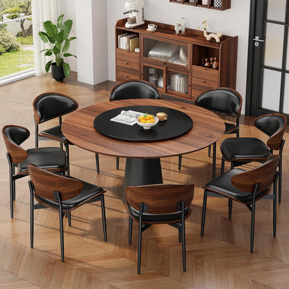 Dining Chairs Set of 4, Mid-Century Modern Upholstered PU Leather Chairs | with Walnut Bentwood Back and Metal Legs Adjustable Feet for Kitchen Dining Room, Camel Shell Strips — Black Pu / 8