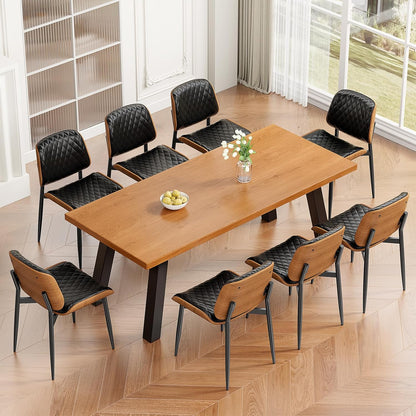 Dining Chairs Set of 4, Mid-Century Modern Upholstered PU Leather Chairs | with Walnut Bentwood Back and Metal Legs Adjustable Feet for Kitchen Dining Room, Camel Shell Strips — Black Diamond Plaid / 8