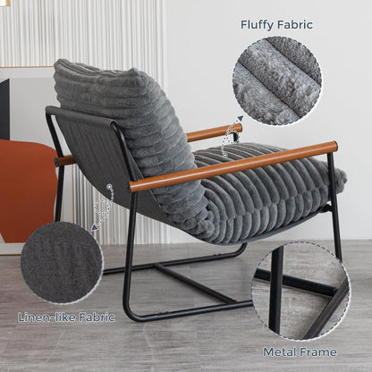 MAXYOYO Accent Chair, Sherpa Arm Chair for Living Room, Mid Century Modern Accent Chairs, Boucle Reading Bedroom Chair, Teddy Armchair, Wooden Arms Metal Frame — Grey (7)