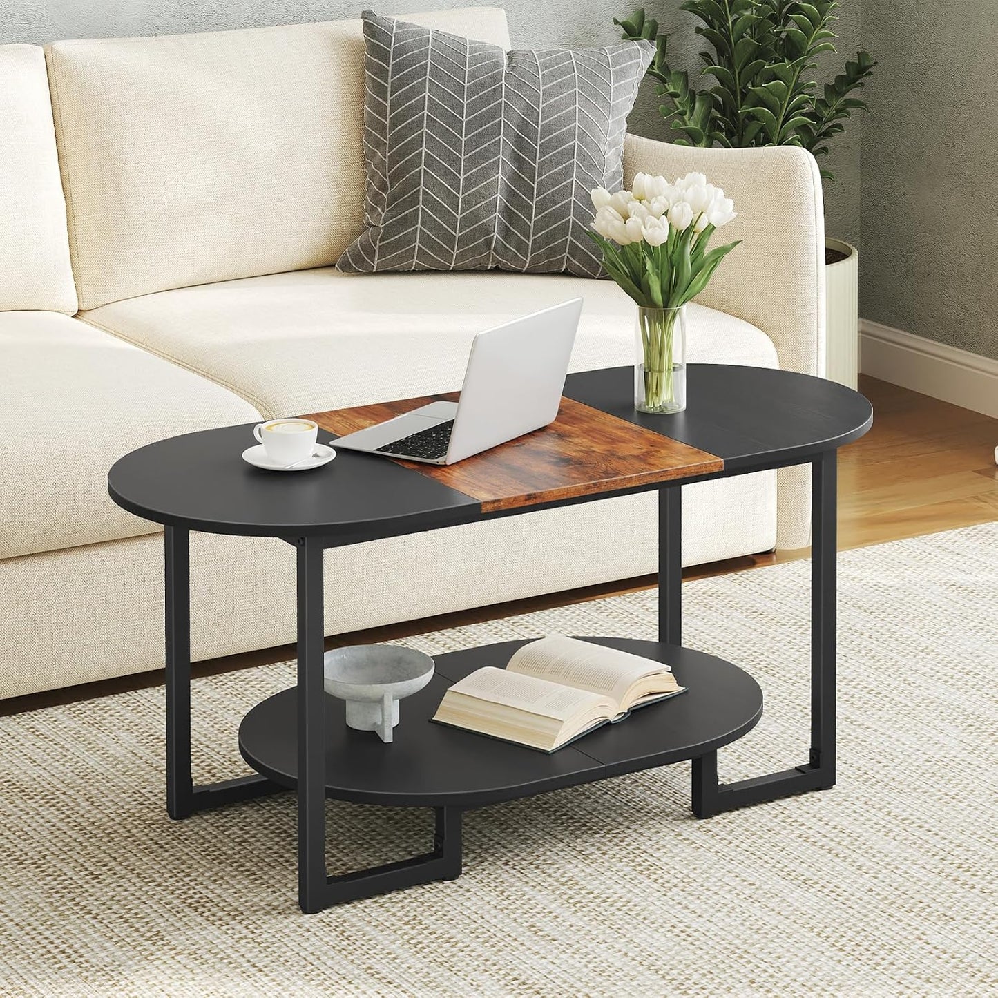 HOOBRO Coffee Table for Living Room, Oval Small Coffee Table with 2-Tier Open Storage Shelf, Industrial Cocktail Tea Table, Wooden Desktop Center Table, Farmhouse, Home Office, Rustic Brown BF09KF01 — Rustic Brown and Black