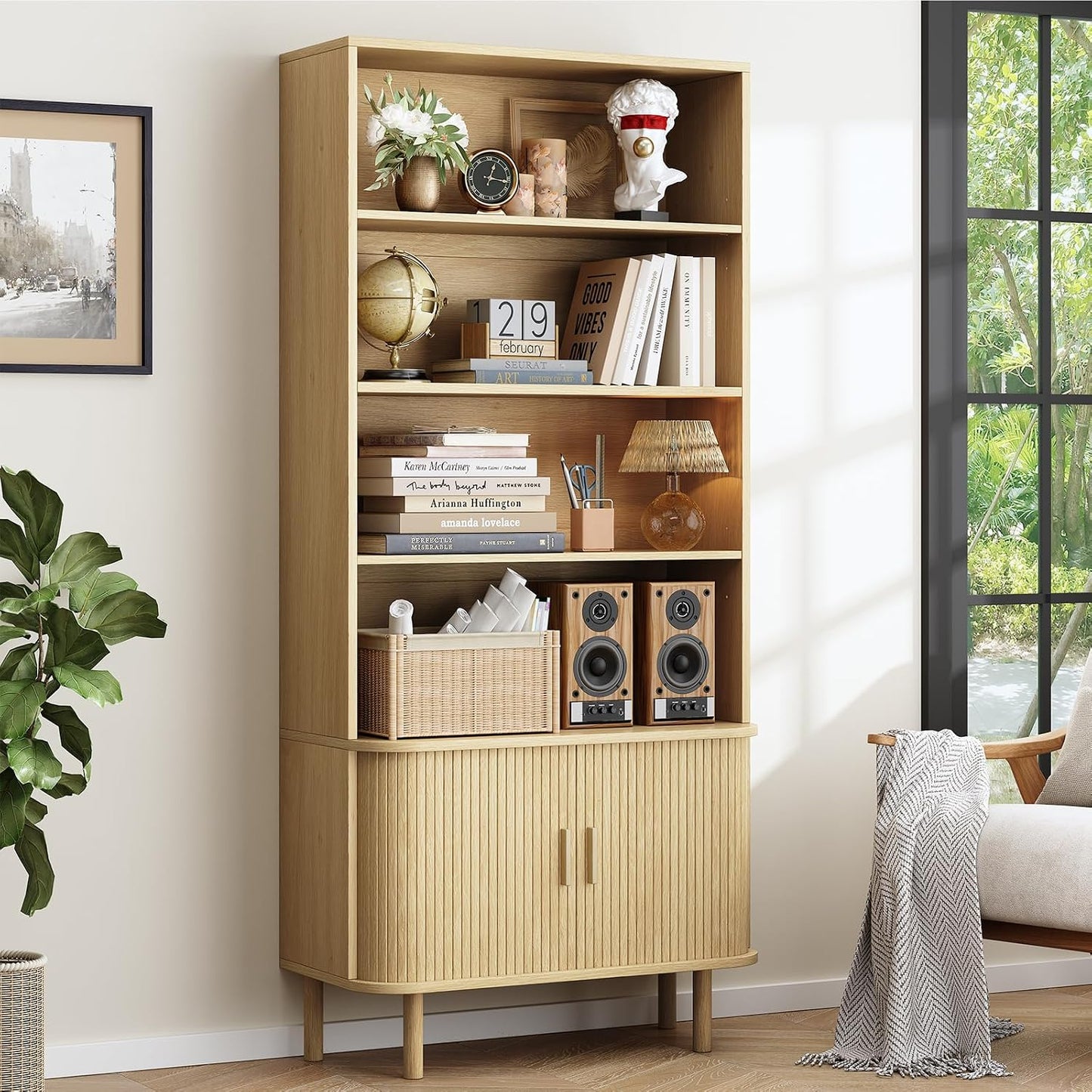 ONBRILL 71" Tall Bookshelf, 4-Tier Bookcase with Storage Cabinet & Adjustable Storage Shelf, Freestanding Wood Bookshelf with Sliding Door and Adjustable Footpad, for Home Office, Living Room, Walnut — Oak