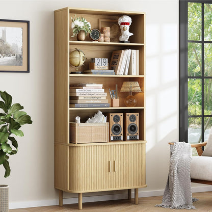 ONBRILL 71" Tall Bookshelf, 4-Tier Bookcase with Storage Cabinet & Adjustable Storage Shelf, Freestanding Wood Bookshelf with Sliding Door and Adjustable Footpad, for Home Office, Living Room, Walnut — Oak