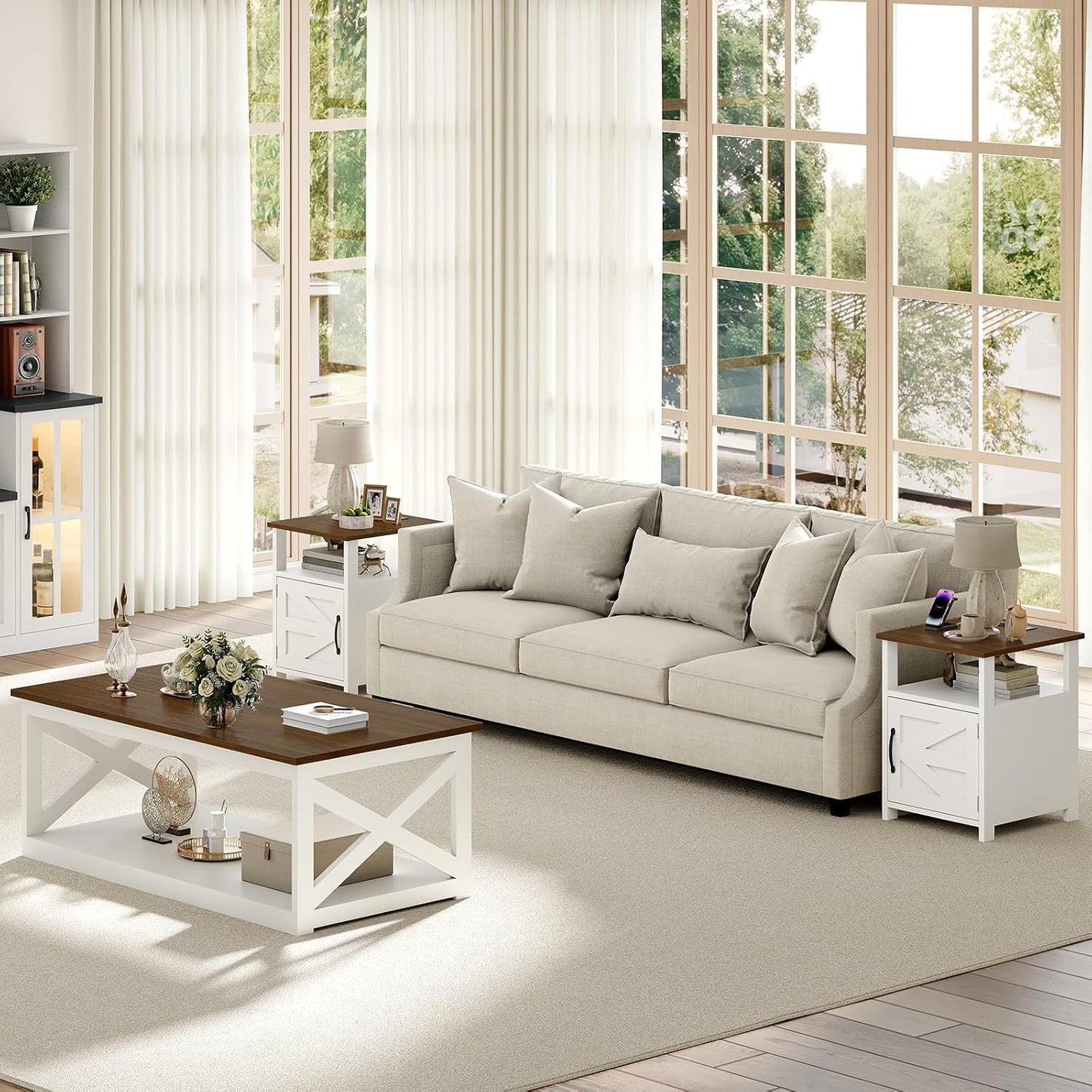 3 Pieces Farmhouse Coffee Table and End Table Sets with AC | 2 Side Tables with USB Ports for Living Room, Office, Apartment, White and Walnut