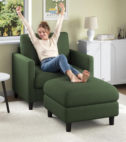 Welzona Sofa Accent Chair, 33" Reading Chair for Bedroom, Tool-Free Setup Living Room Accent Chairs, Comfy Arm Chairs Living Room, All-Wood Reading Nook, Beige — Green / standard & ottoman