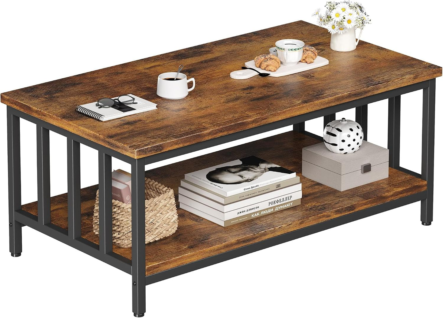 Homeiju Coffee Table for Living Room with Slatted Sides Frame, Modern Farmhouse Living Room Table with 2-Tier Storage Shelf for Home Office, Apartment, Grey Wash, 39 inch — 39.4L*21.6W*18.1H / Rustic Brown