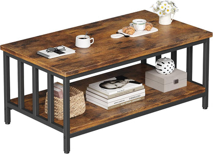 Homeiju Coffee Table for Living Room with Slatted Sides Frame, Modern Farmhouse Living Room Table with 2-Tier Storage Shelf for Home Office, Apartment, Grey Wash, 39 inch — 39.4L*21.6W*18.1H / Rustic Brown