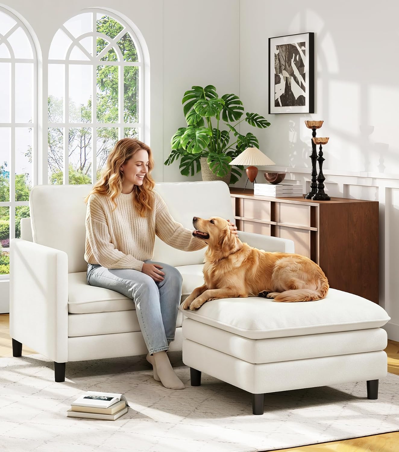 Welzona Sofa Accent Chair, 33" Reading Chair for Bedroom, Tool-Free Setup Living Room Accent Chairs, Comfy Arm Chairs Living Room, All-Wood Reading Nook, Beige