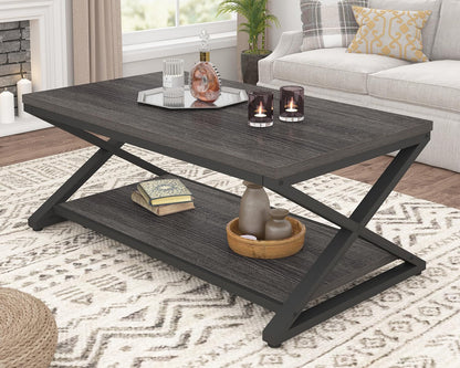 HSH Rustic Farmhouse Coffee Table, Modern Minimalist Wood and Metal Living Room Table, 2 Tie Rectangle Center Table with Storage & Display Shelf, Simple Office Cocktail Tea Table, Rustic Oak, 39 Inch — 39 Inch / Dark Gray Oak