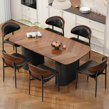 Dining Chairs Set of 4, Mid-Century Modern Upholstered PU Leather Chairs | with Walnut Bentwood Back and Metal Legs Adjustable Feet for Kitchen Dining Room, Camel Shell Strips — Black Pu / 6