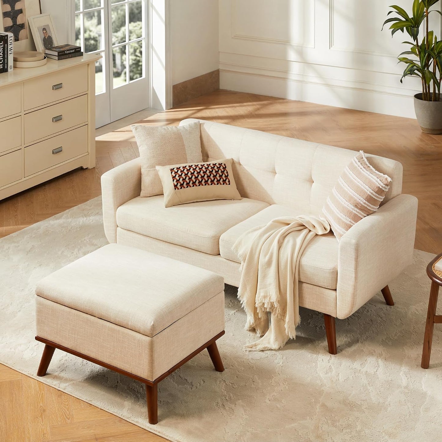 Tbfit Linen Fabric Single Sofa, Accent Chair, Mid Century Modern Armchair for Living Room, Bedroom Button Tufted Upholstered Comfy Reading Sofas, Beige