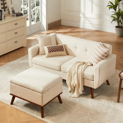 Tbfit Linen Fabric Single Sofa, Accent Chair, Mid Century Modern Armchair for Living Room, Bedroom Button Tufted Upholstered Comfy Reading Sofas, Beige