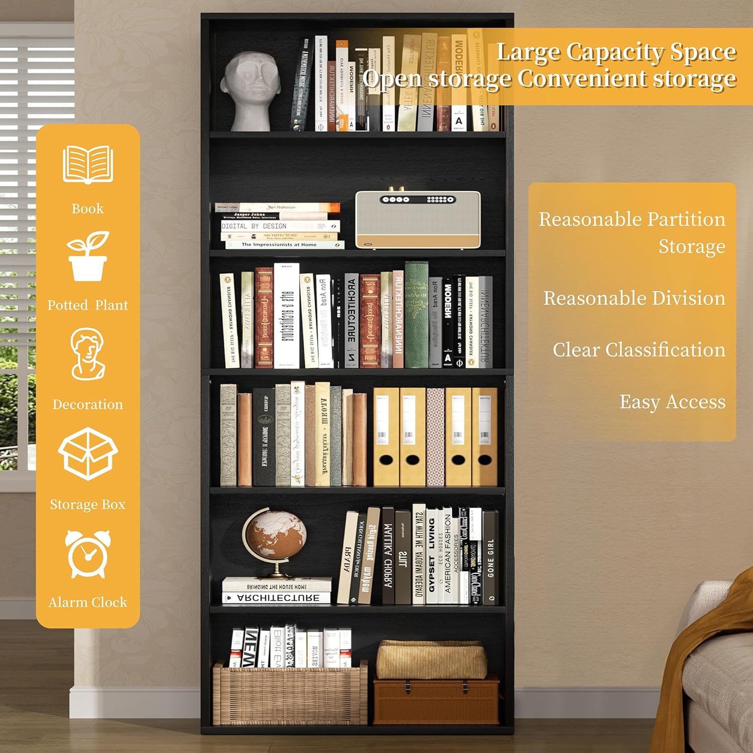 6-Tier Bookshelf, Modern Open Bookcase,6 Shelf Display Storage Shelves Floor Standing, 71 inches Tall Shelves for Home Office, Black — Black (5)