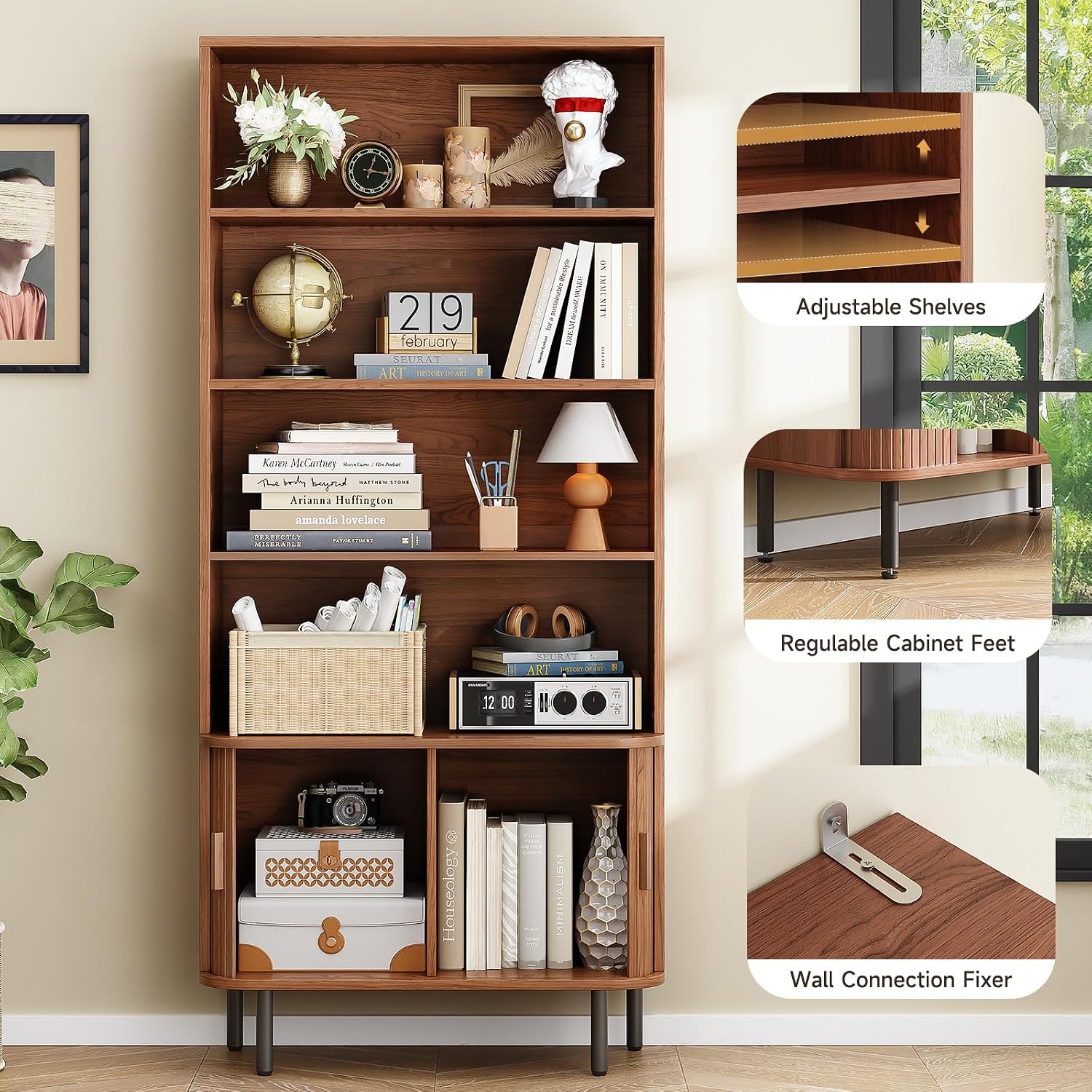 ONBRILL 71" Tall Bookshelf, 4-Tier Bookcase with Storage Cabinet & Adjustable Storage Shelf, Freestanding Wood Bookshelf with Sliding Door and Adjustable Footpad, for Home Office, Living Room, Walnut — Walnut (5)