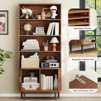 ONBRILL 71" Tall Bookshelf, 4-Tier Bookcase with Storage Cabinet & Adjustable Storage Shelf, Freestanding Wood Bookshelf with Sliding Door and Adjustable Footpad, for Home Office, Living Room, Walnut — Walnut (5)