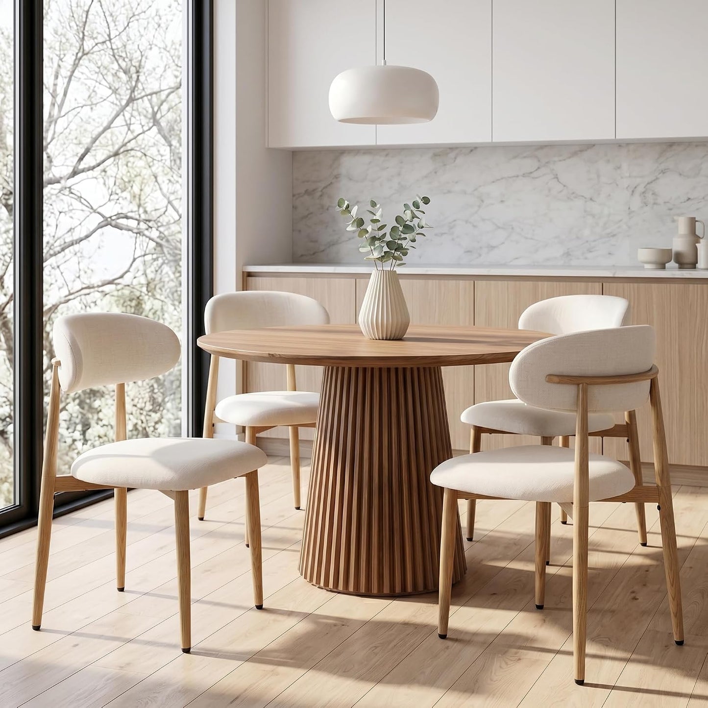 UVV Dining Chairs Set of 4, Metal Kitchen Chairs with Modern Fabric Upholstered for Dining Room, Beige — Beige Seat /Wood-grain Metal Legs / 4
