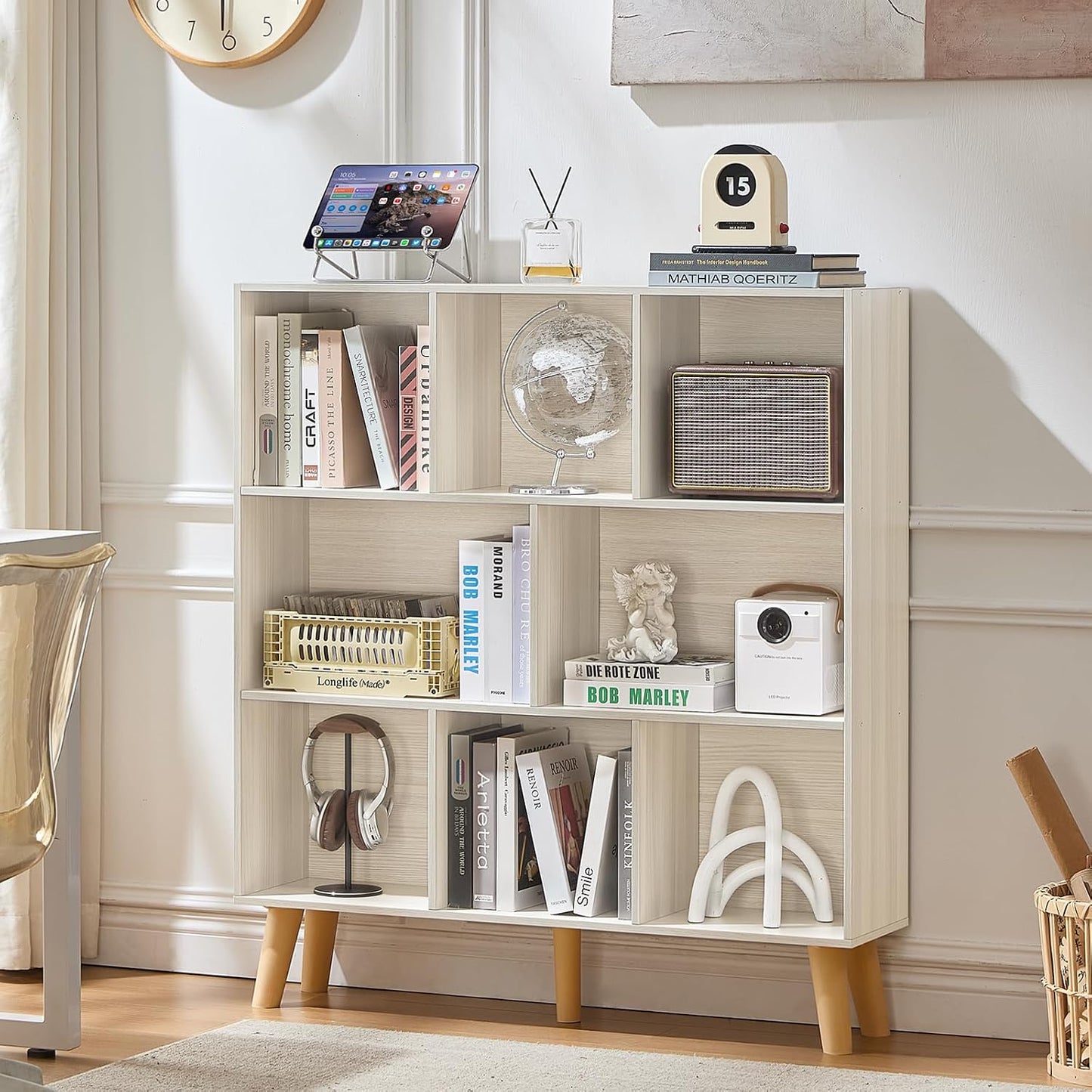 LEYAOYAO Cube Bookshelf 3 Tier Mid-Century Rustic Brown Modern Bookcase with Legs,Retro Wood Bookshelves Storage Organizer Shelf,Freestanding Open Book Shelves for Bedroom,Living Room,Office — Light Grey White / 8 Cube with Legs