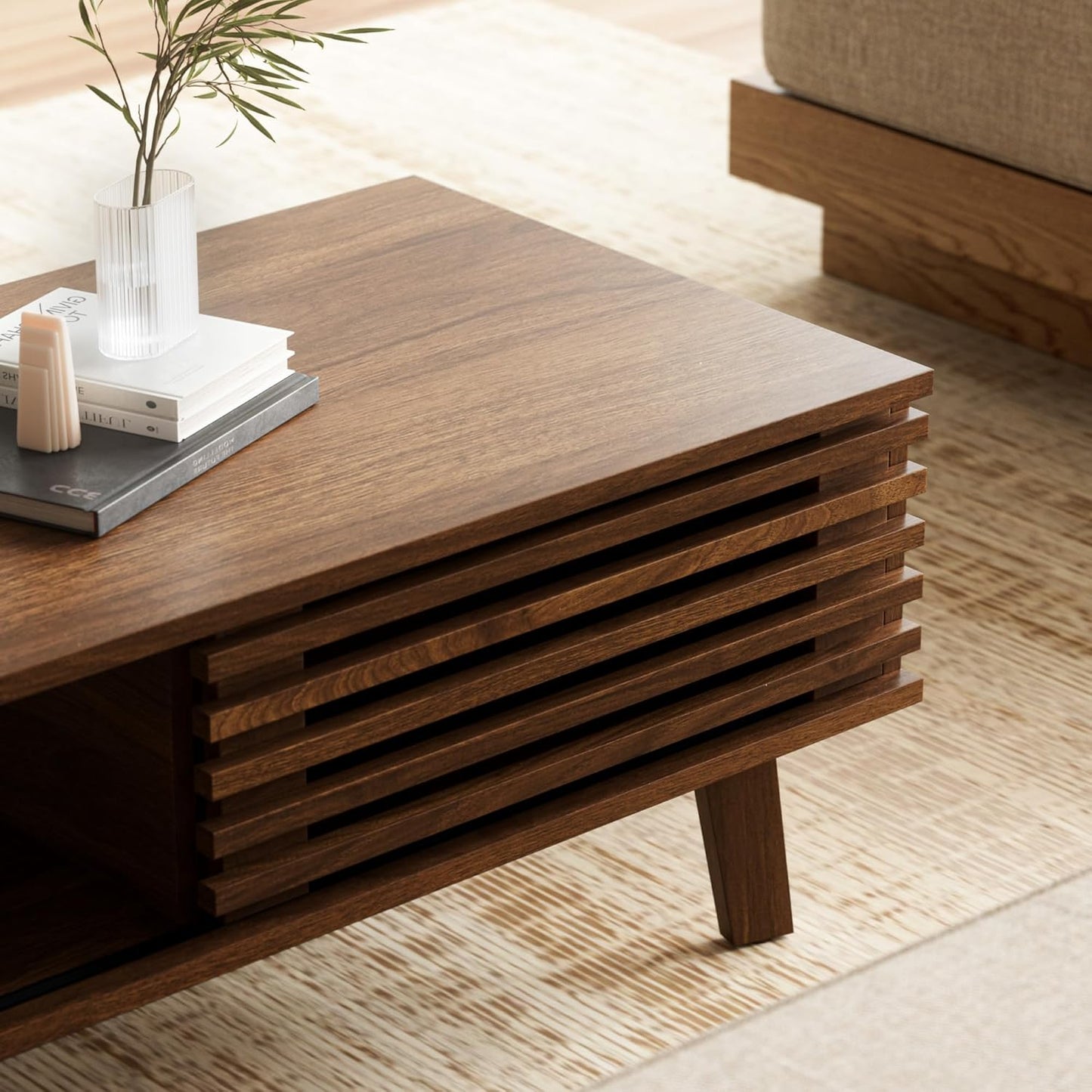 Furniway Mid Century Modern Coffee Table, Wood Coffee Table with Storage, Farmhouse Table for Living Room, Apartment, Walnut — Walnut (6)