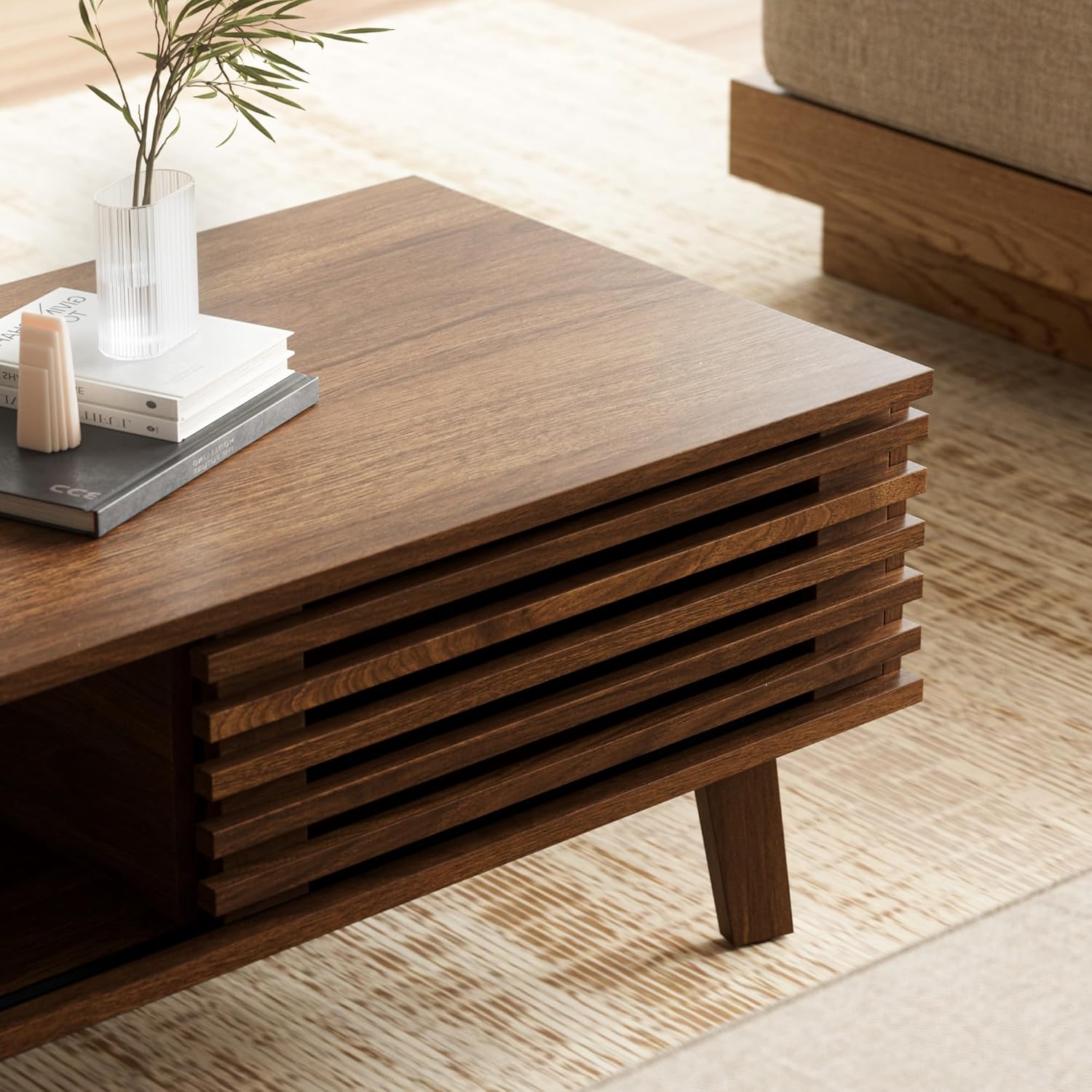 Furniway Mid Century Modern Coffee Table, Wood Coffee Table with Storage, Farmhouse Table for Living Room, Apartment, Walnut — Walnut (6)