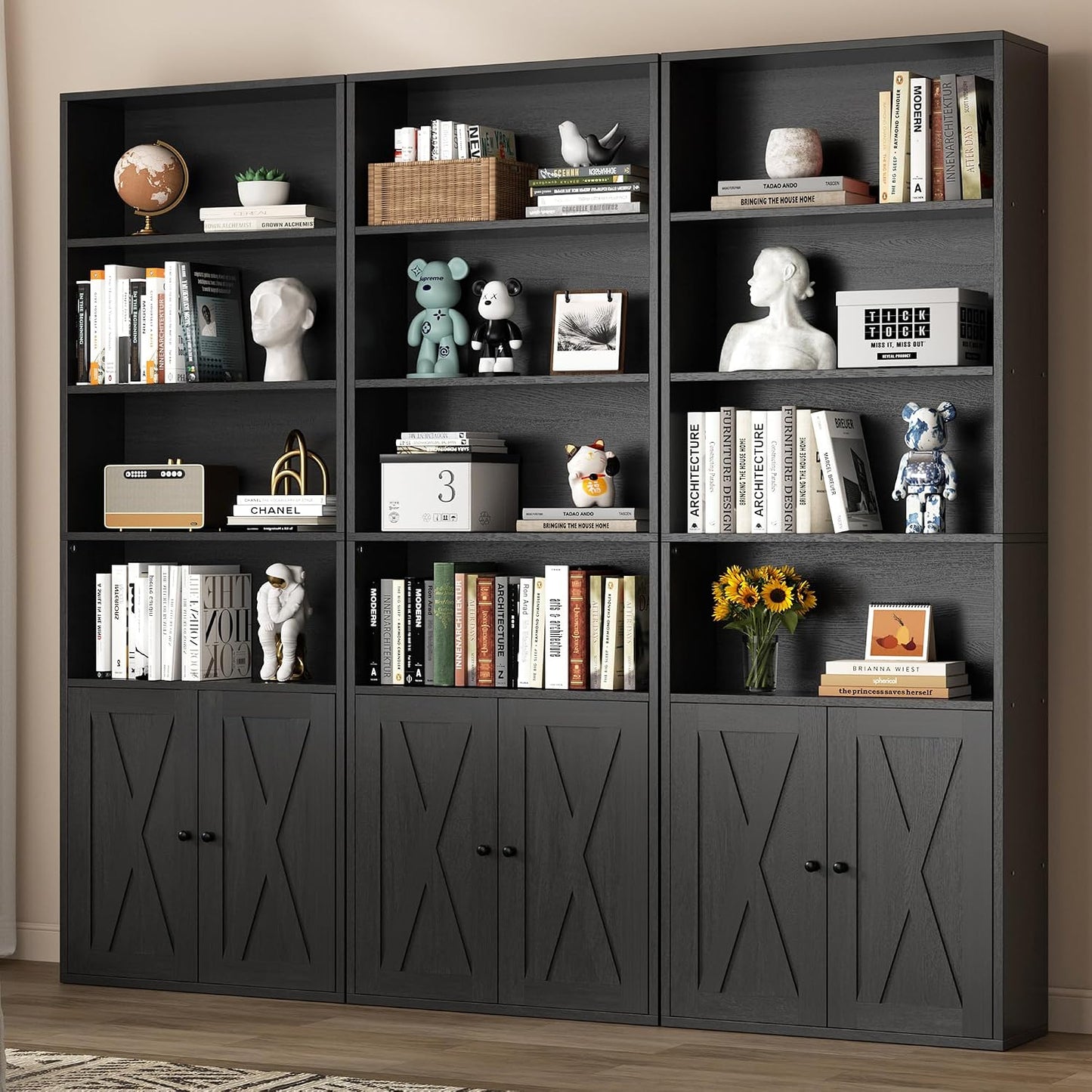 Shintenchi Bookshelf, Industrial Bookshelves and Bookcases with Doors Floor Standing 6 Shelf Display Storage Shelves 70.9 inches Tall Bookcase for Home Office, Living Room (Black) — Black (2)