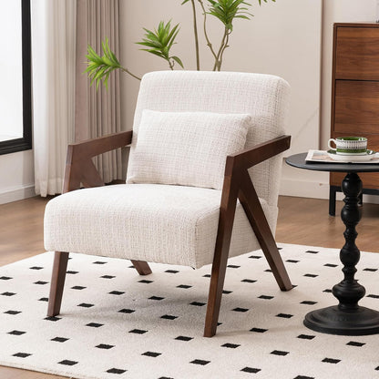 Mid-Century Modern Accent Chair with Solid Wood Frame，Upholstered Chenille Living Room Arm Chairs with Pillow for Bedroom, Living Room, Balcony, Reading Room, Green