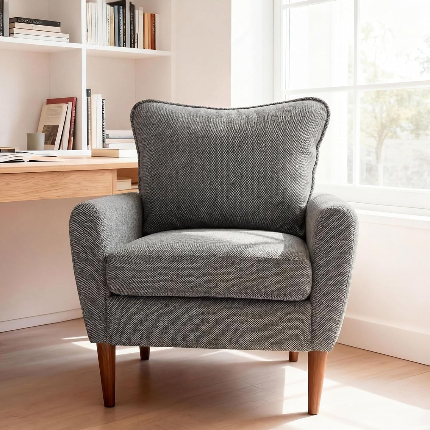 OLIXIS Comfy Accent Chair for Living Room Bedroom and Waiting Room, Upholstered Mid-Century Reading Chair with Pillow and Solid Wood Legs, Wide Singe Modern Lounge Sofa Beige, 2 Pack — Deep Gray / 1