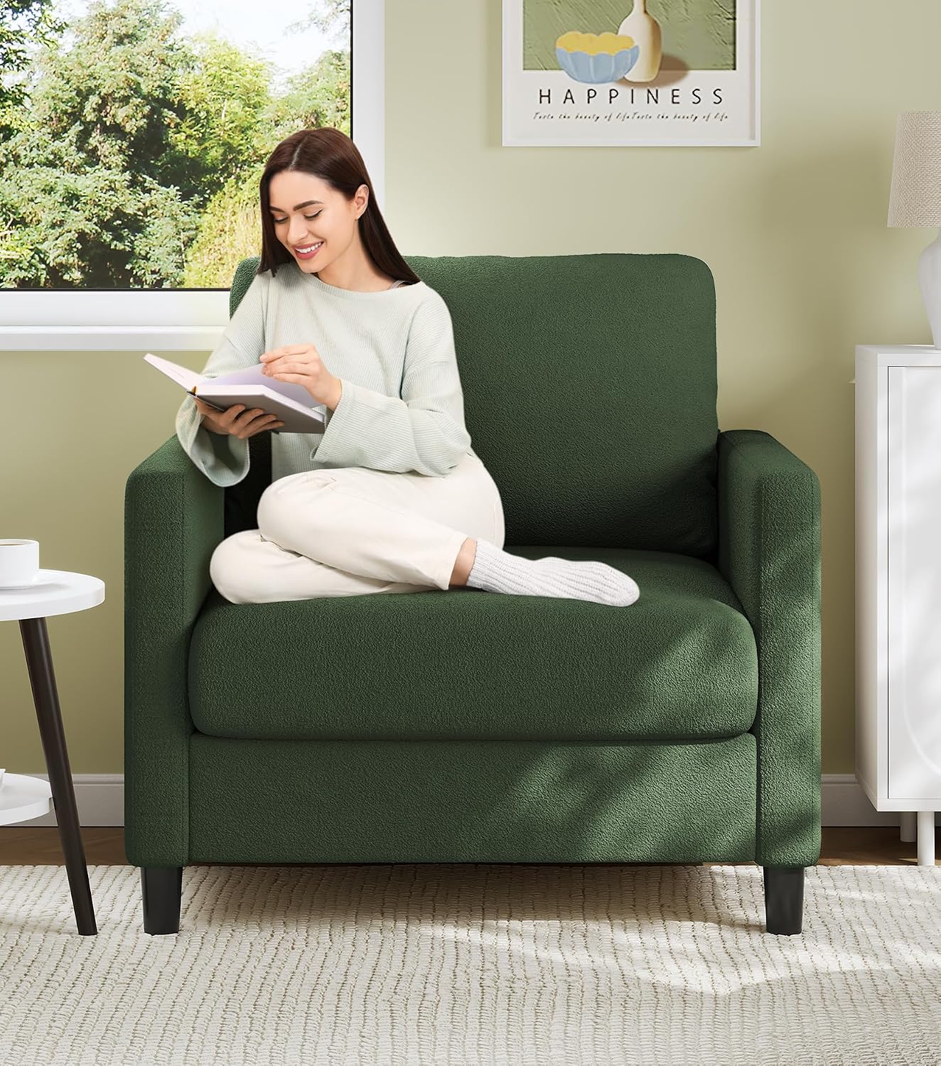 Welzona Sofa Accent Chair, 33" Reading Chair for Bedroom, Tool-Free Setup Living Room Accent Chairs, Comfy Arm Chairs Living Room, All-Wood Reading Nook, Beige