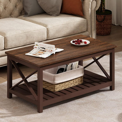 ChooChoo Farmhouse Coffee Table, Rustic Vintage Living Room Table with Shelf, 40 White — Espresso With X Frame / 40 Inches