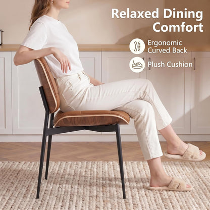 GrandNoor Mid Century Modern Dining Chairs with Walnut Grain Back, Brown Faux Leather Dining Room Chairs Set of 2, Checkered Soft Cushion Kitchen Chairs with Adjustable Foot Pads — A-brown / Set of 2 (5)