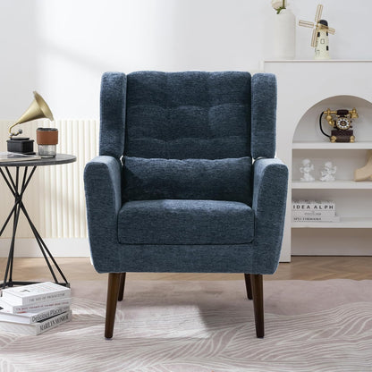 Accent Chair, Comfy Upholstered Living Room Chairs with High Tufted Backrest and Pillow, Wingback Reading Chair with Solid Wood Legs for Bedroom/Office,Teddy Fabric, Light Green — Set of 1 / Dark Blue