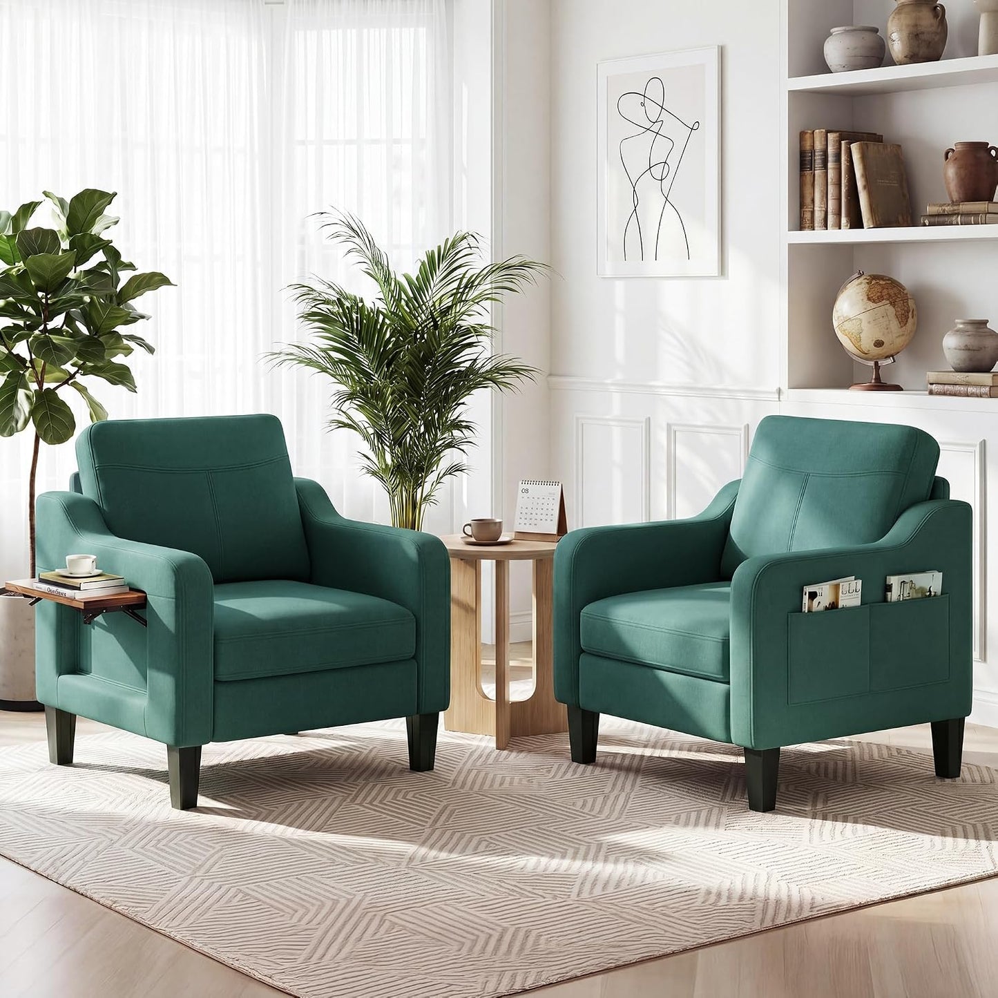 Accent Chair for Living Room, Mid-Century Upholstered Armchair with Foldable Table & 2 Side Pockets, Modern Linen Wooden Sofa Chair for Bedroom & Reading Room, Light Grey — Green / 1
