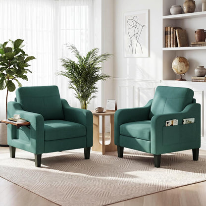 Accent Chair for Living Room, Mid-Century Upholstered Armchair with Foldable Table & 2 Side Pockets, Modern Linen Wooden Sofa Chair for Bedroom & Reading Room, Light Grey — Green / 1