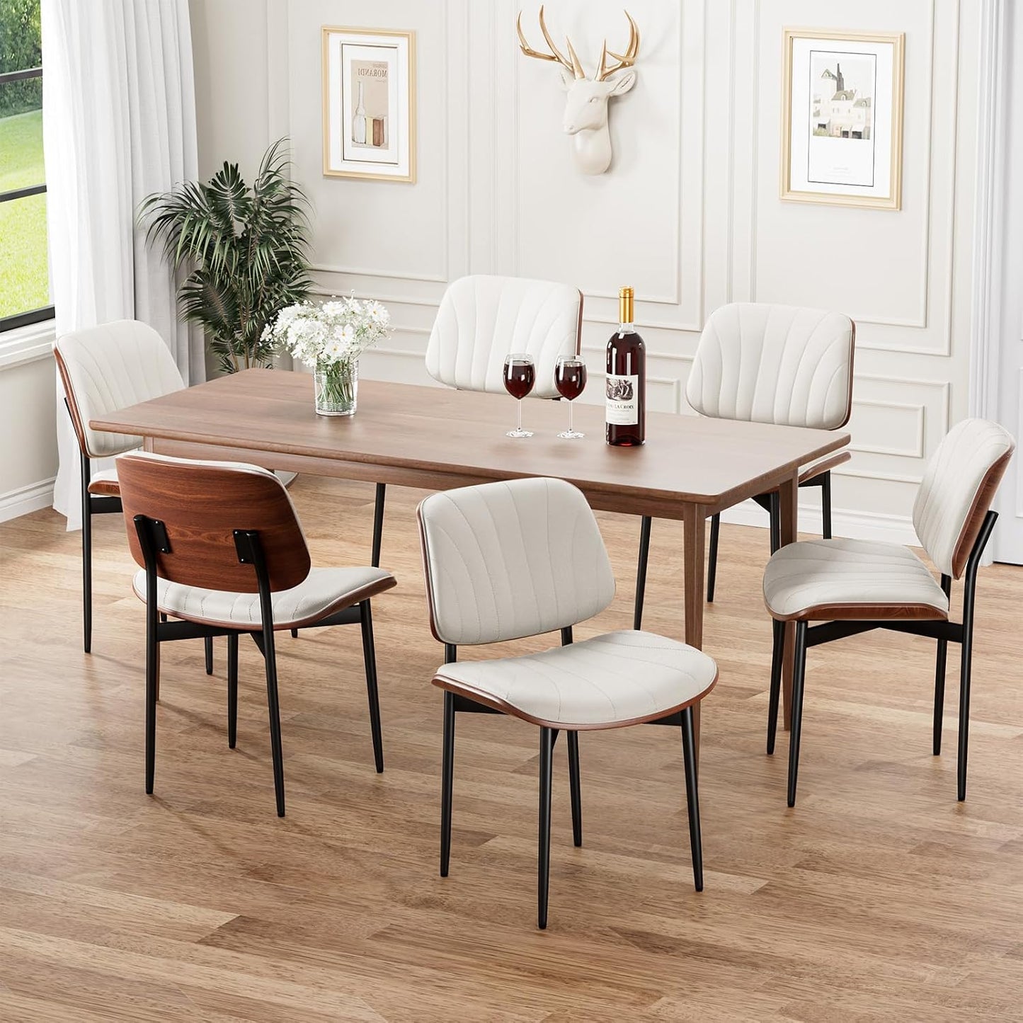 Dining Chairs Set of 4, Mid-Century Modern Upholstered PU Leather Chairs | with Walnut Bentwood Back and Metal Legs Adjustable Feet for Kitchen Dining Room, Camel Shell Strips — Off-white Shell Strips / 6