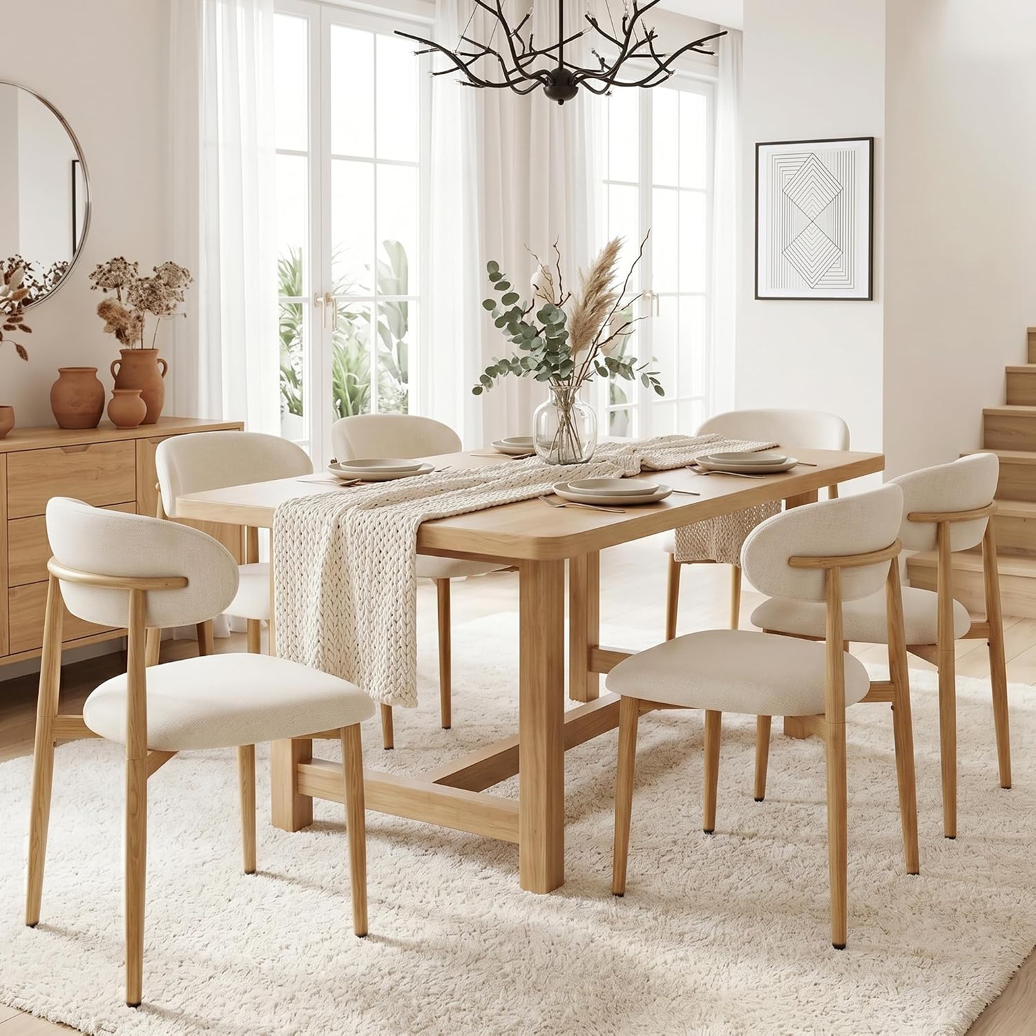 UVV Dining Chairs Set of 4, Metal Kitchen Chairs with Modern Fabric Upholstered for Dining Room, Beige — Beige Seat /Wood-grain Metal Legs / 4 (4)