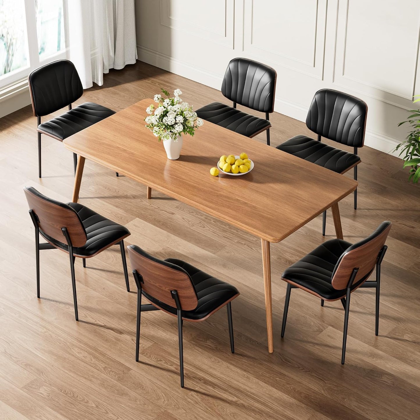 Dining Chairs Set of 4, Mid-Century Modern Upholstered PU Leather Chairs | with Walnut Bentwood Back and Metal Legs Adjustable Feet for Kitchen Dining Room, Camel Shell Strips — Black Shell Strips / 6