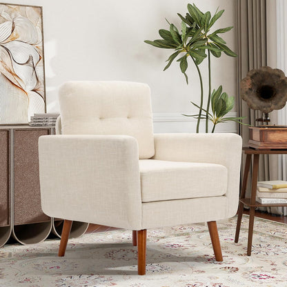 Tbfit Linen Fabric Single Sofa, Accent Chair, Mid Century Modern Armchair for Living Room, Bedroom Button Tufted Upholstered Comfy Reading Sofas, Beige — Single / Beige