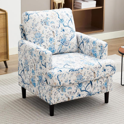 Weture Mid-Century Accent Chair,Modern Linen Fabric Armchair for Living Room,Comfy Upholstered Reading Accent Chairs for Bedroom,Single Sofa Chair with Wood Legs (Beige, 1 Pack) — Blue Flowered Bird / 1 Pack