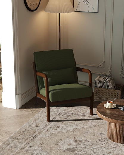 Garvee Mid-Century Chenille Accent Chair, Cozy Reading Chair, Modern Lounge Armchair with Lumbar Pillow, Solid Wood Frame, for Living Room, Bedroom, Office, Beige — Green-corduroy / 1 Pack