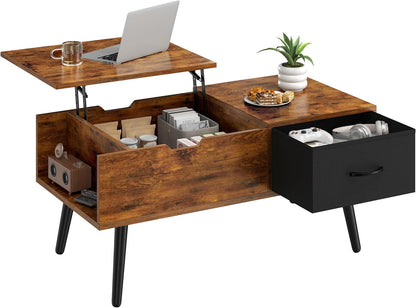 Yaheetech Lift Top Coffee Table for Living Room, Wooden Small Center Tables with Large Storage Shelf Drawer and Hidden Compartment Modern, Black — Rustic Brown