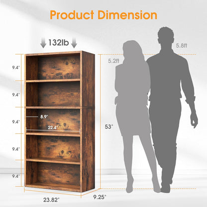 Sweetcrispy 5 Shelf Bookcase Open Display Bookshelf Storage Organizer | 53 Inches Tall Book Shelf Floor Standing Corner Unit, Living Room, Home Office, Kitchen, Bedroom, Rustic Brown Wood — Brown / 5 Shelf (3)