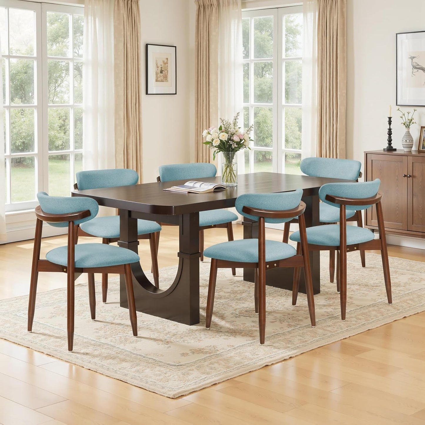 CHUN YI Dining Chairs Set of 4, Upholstered Wooden Dining Room Chairs, Mid Century Modern Fabric Kitchen Chair with Ergonomic Curved Backrest, Beige (Only Chairs) — Blue / Set of 6