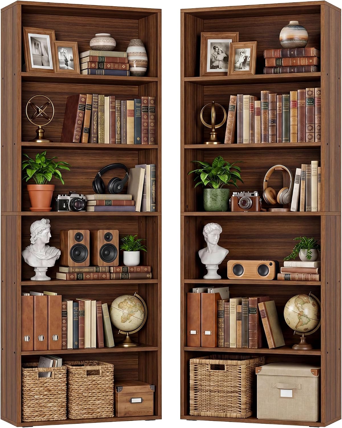 IRONCK Bookshelf and Bookcases 70" Tall, 6 Tiers Display Storage Shelves | Bookshelves Set of 2, Wood Bookcase with Open Display Shelves for Home Office, Living Room, Library, Industrial Brown — Walnut