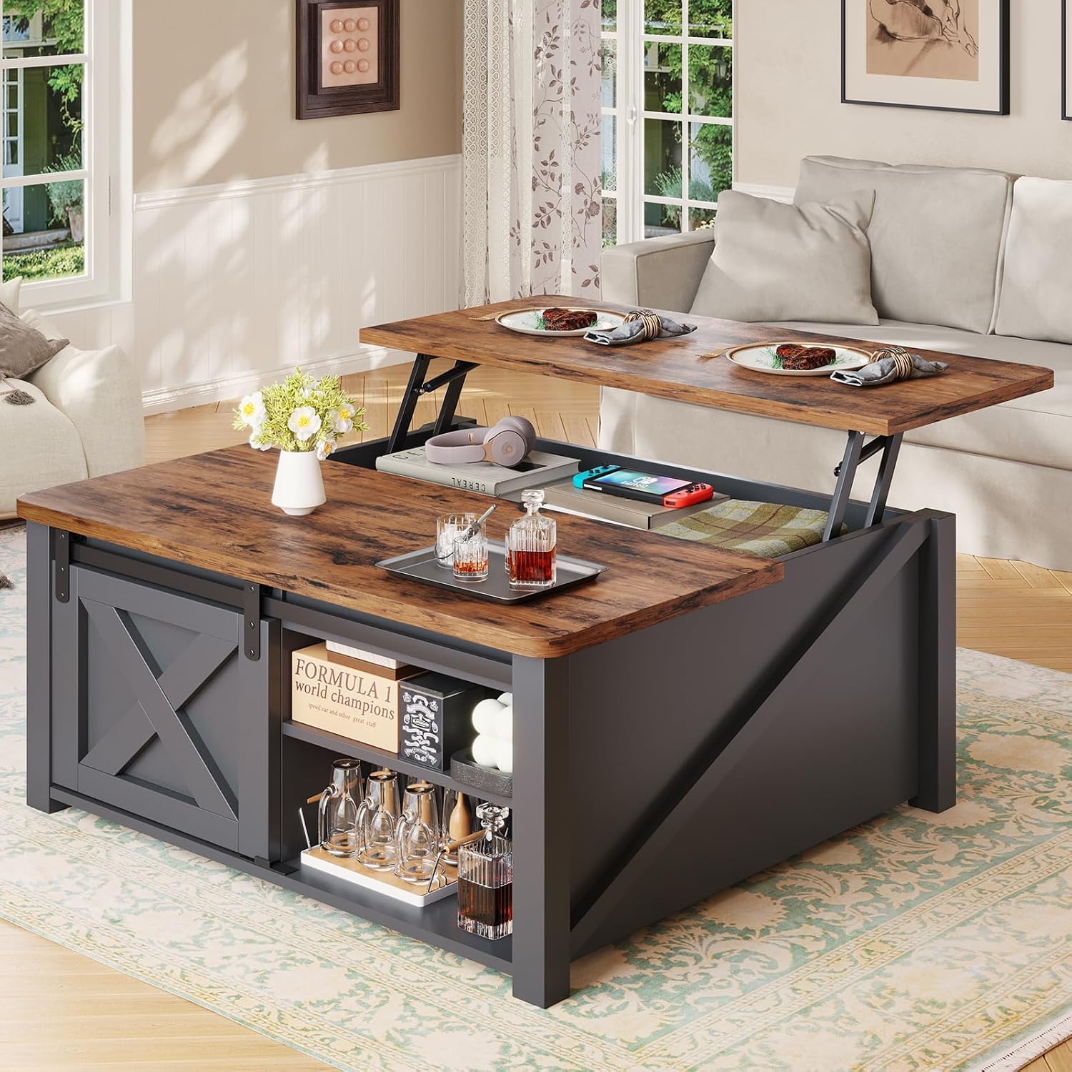 SEDETA 31.5" Lift Top Coffee Table with Storage, Square Coffee Tables for Living Room, Farmhouse Coffee Table with Large Hidden Storage Compartment and Adjustable Shelves, Black — Black