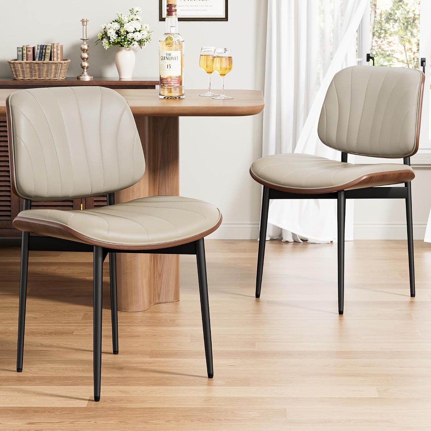 Dining Chairs Set of 4, Mid-Century Modern Upholstered PU Leather Chairs | with Walnut Bentwood Back and Metal Legs Adjustable Feet for Kitchen Dining Room, Black Shell Strips — Greige Shell Strips / 2