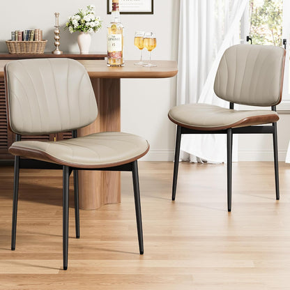 Dining Chairs Set of 4, Mid-Century Modern Upholstered PU Leather Chairs | with Walnut Bentwood Back and Metal Legs Adjustable Feet for Kitchen Dining Room, Camel Shell Strips — Greige Shell Strips / 2