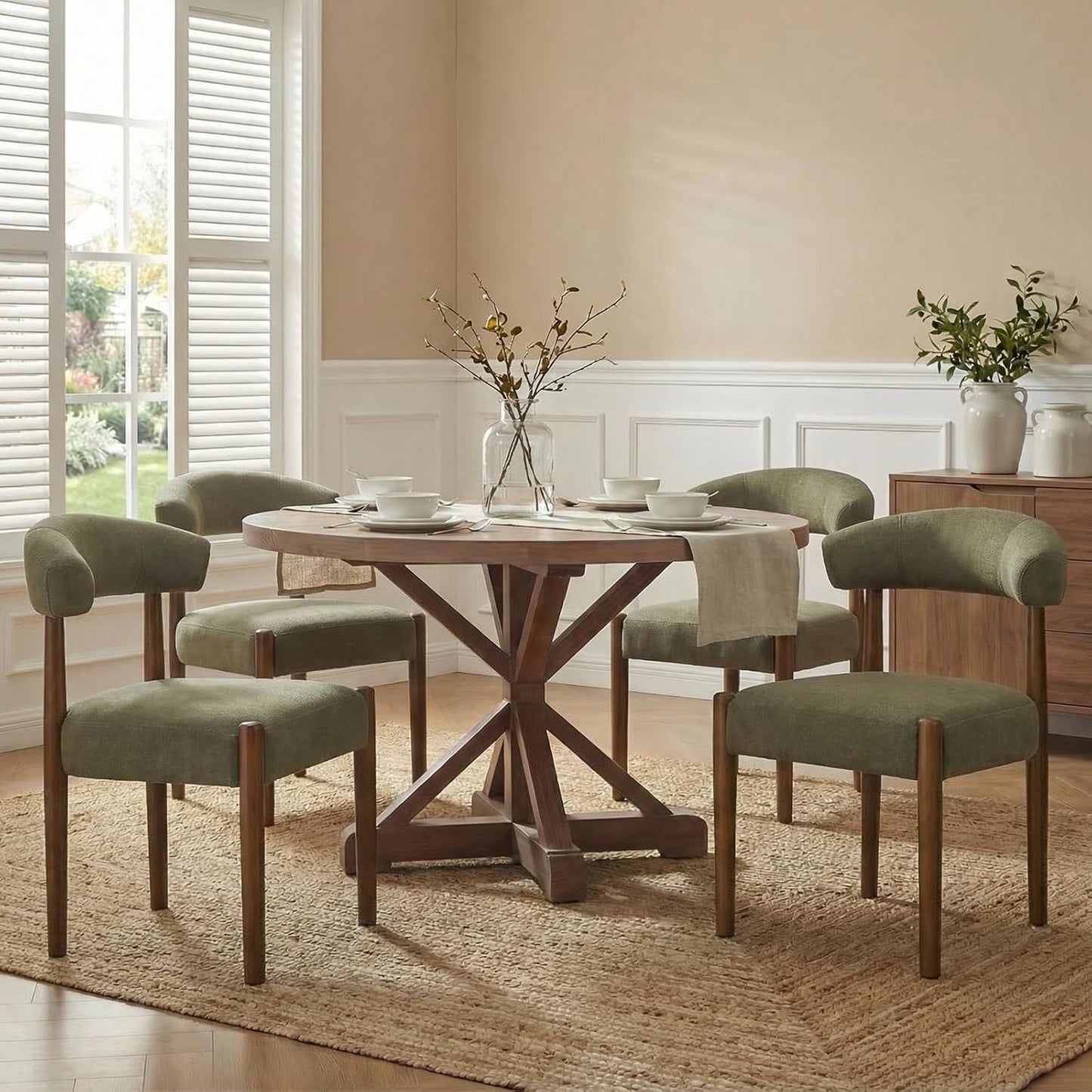 VKNOW Wooden Dining Chairs Set of 4, Modern Upholstered Dining Room Chairs with Walnut Wood Legs and Curved Backrest, Fabric Kitchen Chairs for Farmhouse/Living Room/Dining Room, Green — Set of 4 / Green (3)