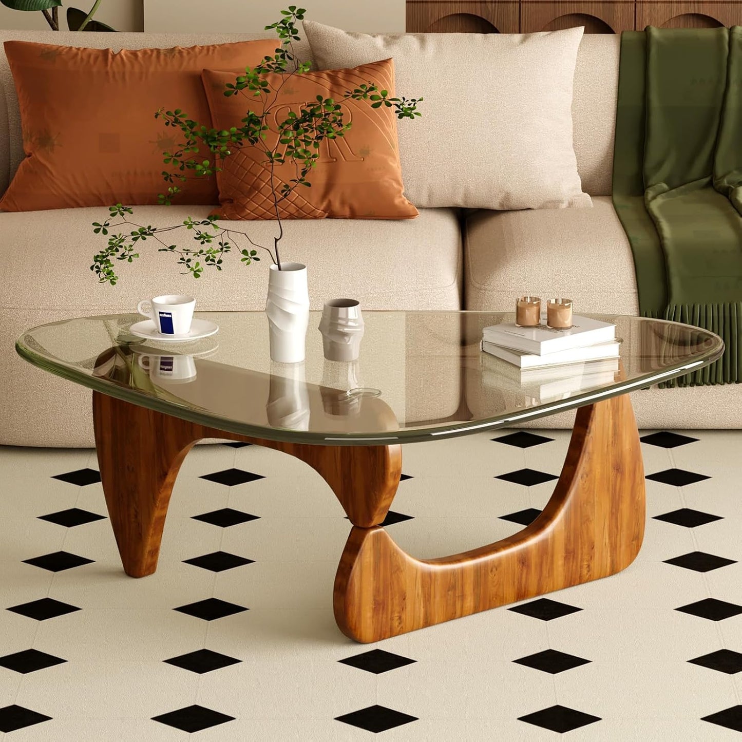 Coffee Table for Living Room Mid Century Modern Center Table with Glass Top and Wood, 36 Inch, Brown/Walnut