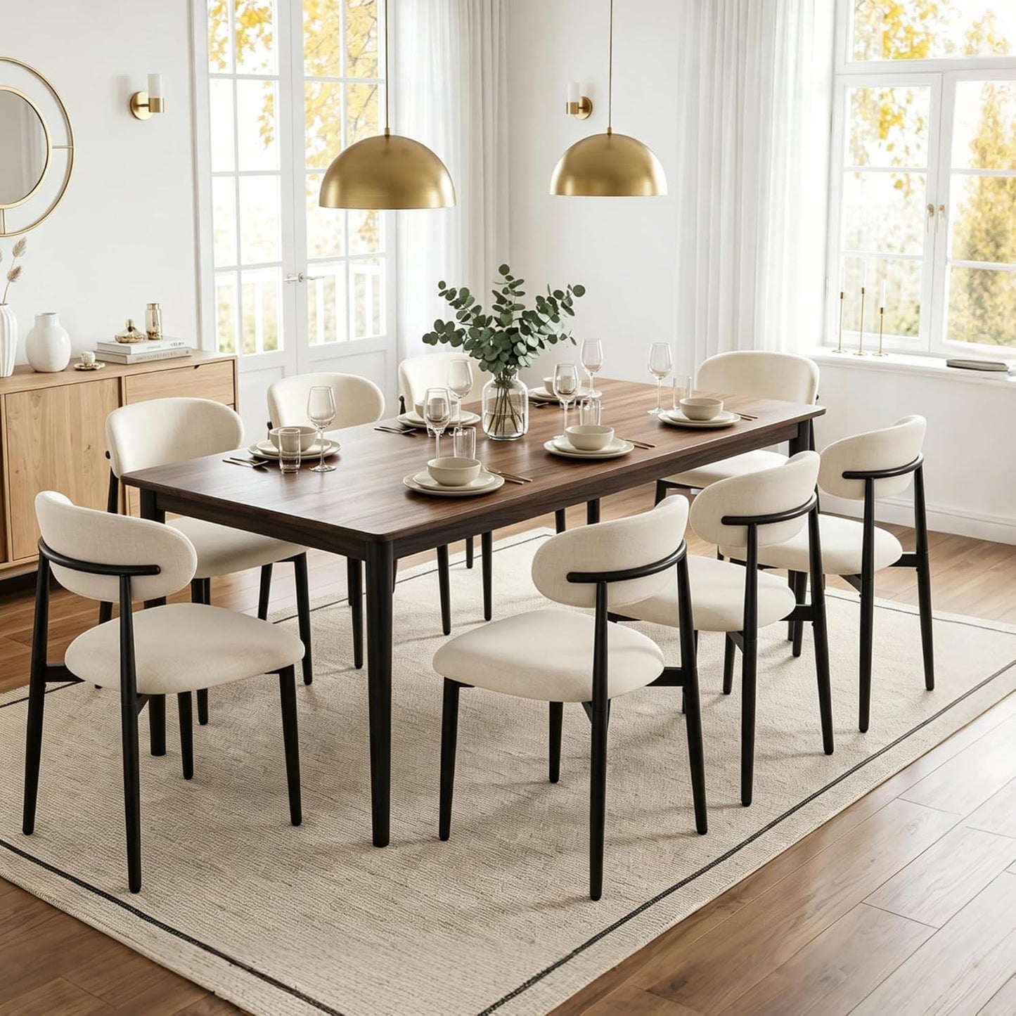 UVV Dining Chairs Set of 4, Metal Kitchen Chairs with Modern Fabric Upholstered for Dining Room, Beige — Beige Seat / Black Legs / 8