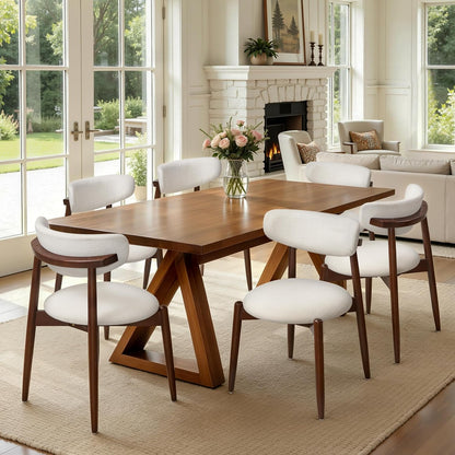 CHUN YI Dining Chairs Set of 4, Upholstered Wooden Dining Room Chairs, Mid Century Modern Fabric Kitchen Chair with Ergonomic Curved Backrest, Beige (Only Chairs) — Round-cream-walnut / Set of 6