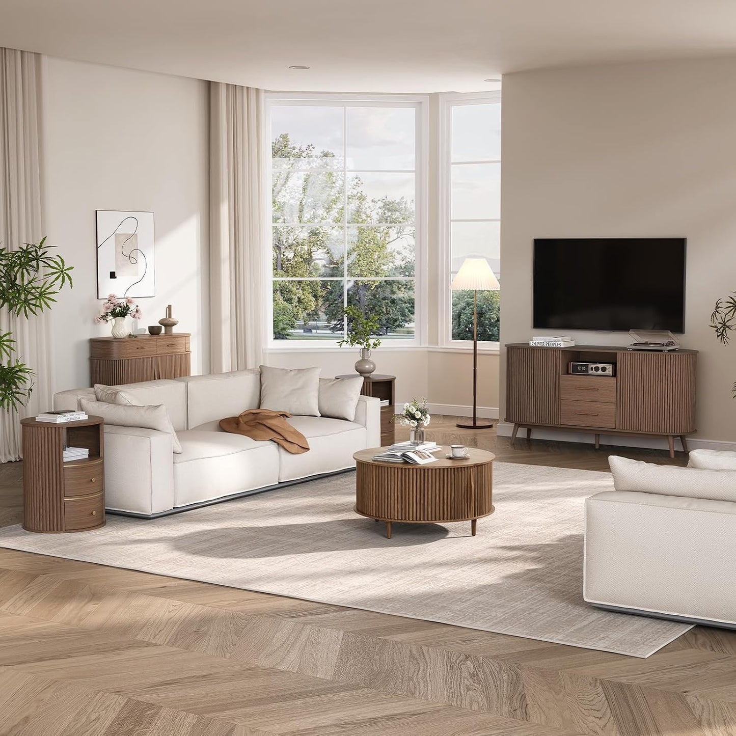 JOINICE 31.5" Round Coffee Table with Storage for Living Room, Walnut | Hidden Storage,Fluted Sliding Door,Mid Century Furniture for Small Apartments,Solid Wood Legs,Easy Assembly,Up to 110 lbs — Walnut_round (8)